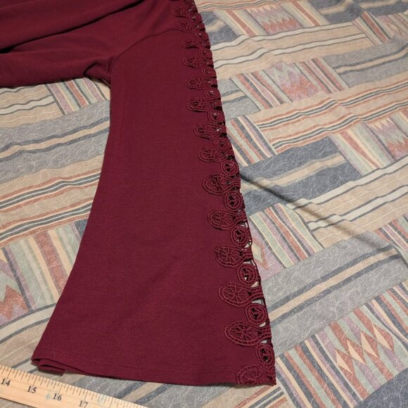 DG2 by Diane Gilman Burgundy Sweater with Embroidered Open Eyelet Long Sleeves - Picture 4 of 9